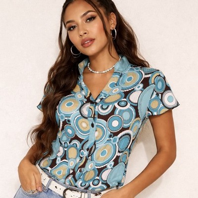Sere Nade Womens M Retro Mod Geometric Circle Print Blouse Y2K 2000s Boho Top