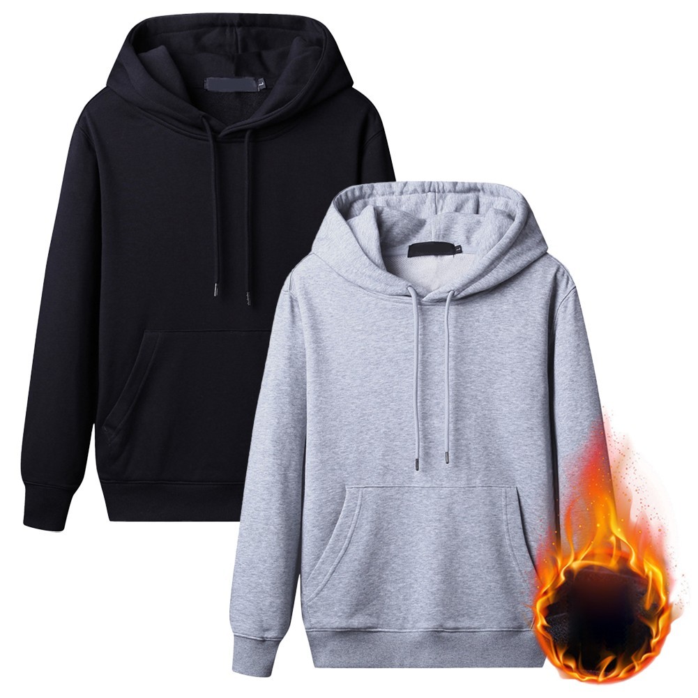 Gray Fleece Lined Hooded Tops Men's Pullover Sweatshirt with Long Sleeves