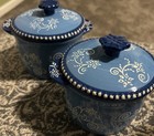 Set of 2 Temptations 8oz Covered Crock Bowls Ramekin Bakers Blue Floral Lace — photo 1
