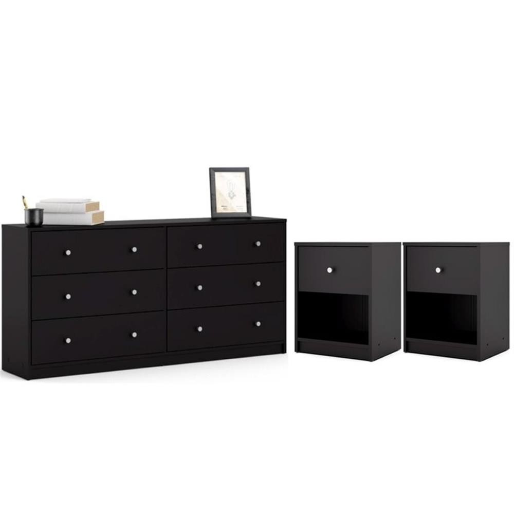 3 Pieces Modern Engineered Wood Dresser and Nightstands Bedroom Set in Black