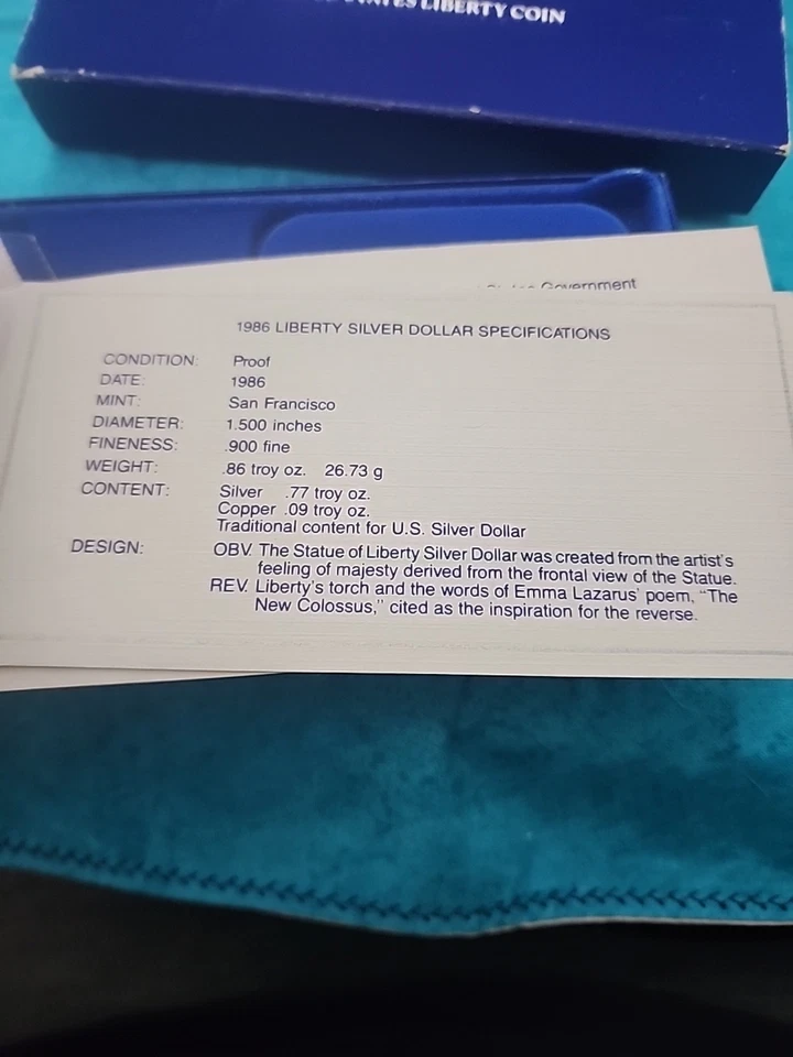 1986 S Statue Of Liberty Centennial Proof 90% Silver Commemorative Dollar - Image 3 of 4