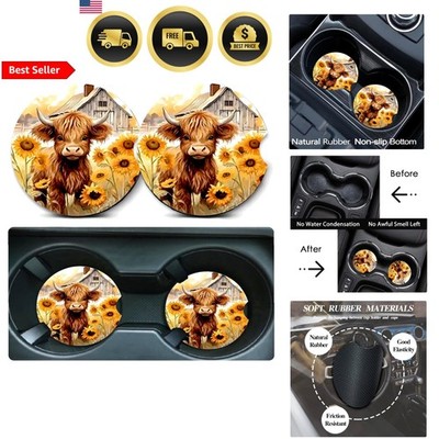 Car Coasters for Cup Holders Highland Cow 2 Pack Neoprene Anti Slip Decor