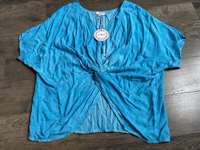 NWT Womens Umgee Twist Front Blue Short Sleeve Top Oversized Lightweight Size S