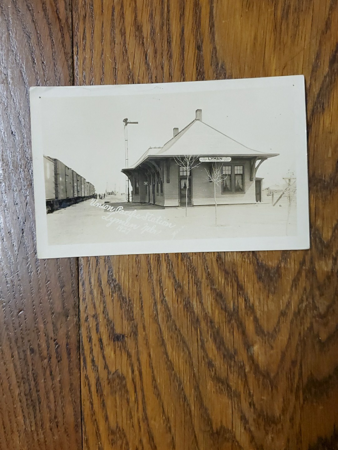 RPPC Postcard LYMAN, NEBRASKA RAILROAD DEPOT 1927 Union Pacific Train