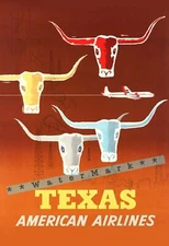 Texas Longhorns 1950 Airline Travel Vintage Poster Print Art Retro Western Art