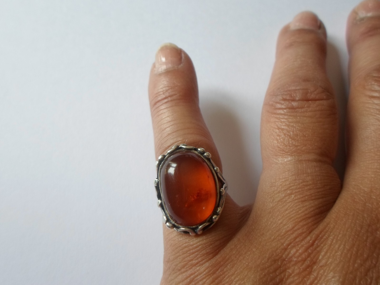 solid silver ring, amber cabochon, openwork outli… - image 5