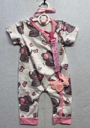 Baby Girl Elephant Print Romper With Matching Teether & Pink Patchwork Quilt Bla - Picture 11 of 13