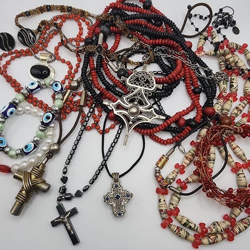 Vintage Boho Tribal Gothic Bead Cross  Costume Jewelry Lot Red Black Silver Tone