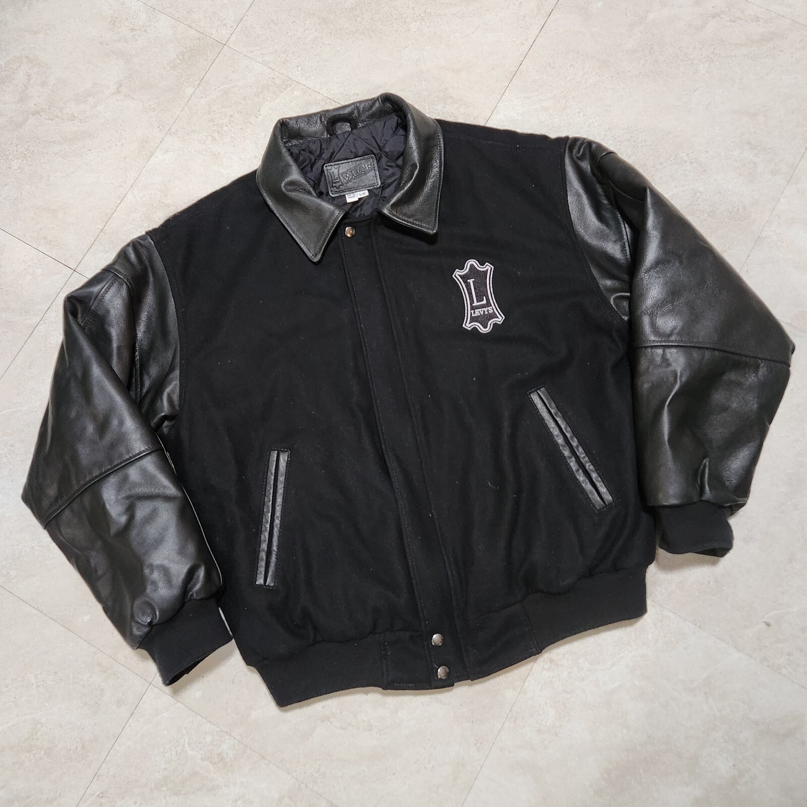 VTG Levy's Guitar Straps Mens L Large Wool Leather Black Bomber Varsity Jacket eBay