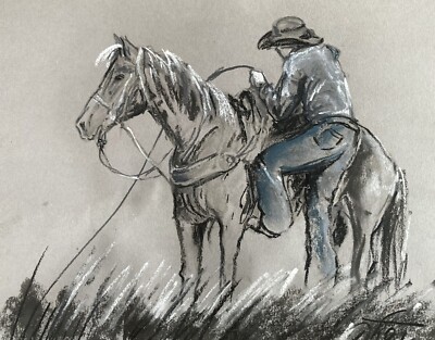 Landscape Impressionism Pastel Painting Drawing Dorothy Laz cowboy on horseback