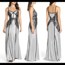 NWT 608 Tadashi Shoji Janus Lace Sequin Sleeveless Gown Silver SZ 8 G567