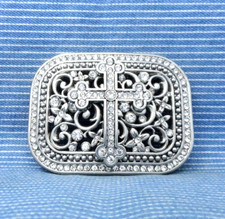 Western Cross Belt Buckle Rhinestones Floral Scroll Religious Vtg 90s  .TYC831