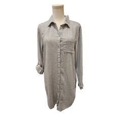 Tahari Linen Blend Shirt Dress Pockets Blue White Stripe Tab Sleeve Collar Large