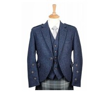Scottish Herren Blue Serge Wool Kilt Jacket with Vest Handmade Argyle Kilt...