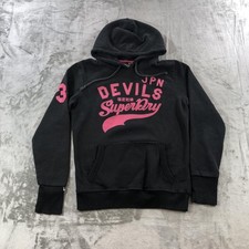 Superdry Hoodie Womens Large Black Pink JPN Devils 34 Pullover Sport Sweatshirt