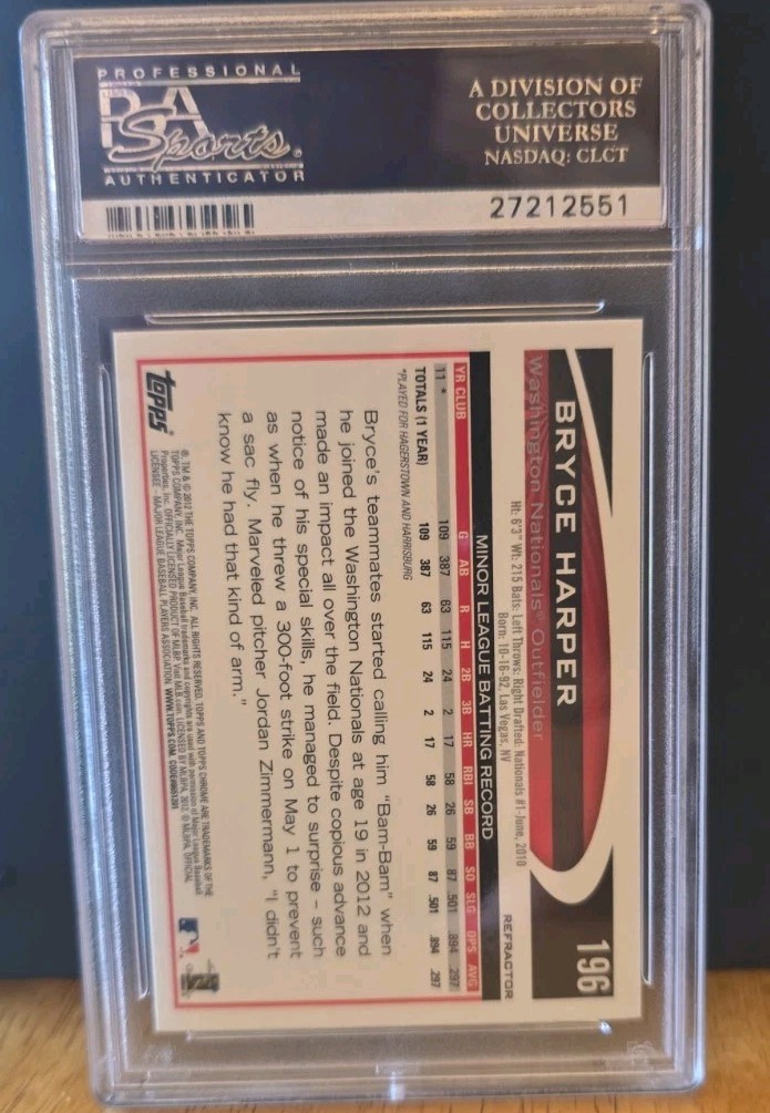 2012 Topps Chrome Bryce Harper Hitting X-Fractor #196 Rookie Nationals PSA 9 view 2