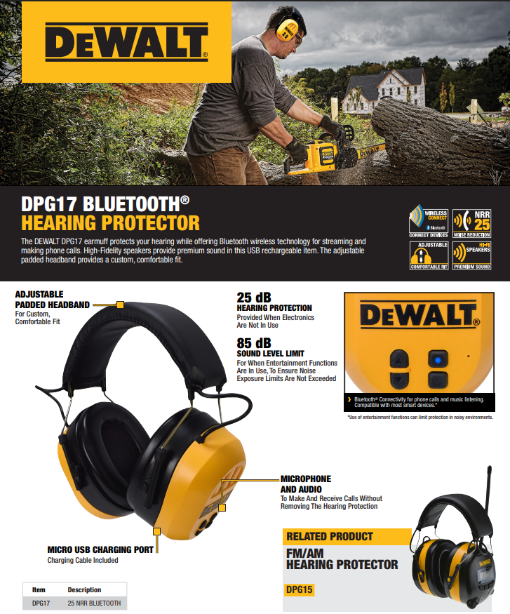 DeWalt DPG17 Rechargeable Wireless Bluetooth Hearing Protection