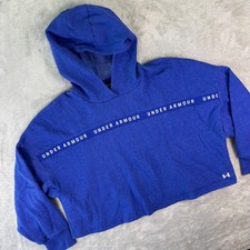 Under Armour Women's Cropped Hoodie Large Blue Logo Tape Pullover Sweatshirt