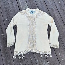 Storybook Knits Vintage Cottagecore Cream Cardigan with Crochet Details Medium