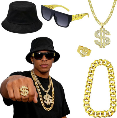80S 90S Hip Hop Costumes Kit Rapper Accessories Outfit, Fake Gold Chain Dollar S