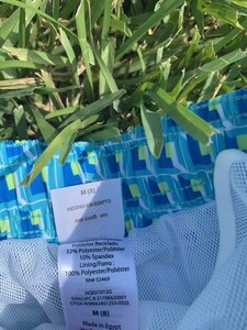 Boys Blue/Green Geometric Swim Trunks M (8) Elastic Waist Drawstring Polyester