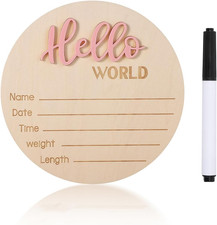 Baby Announcement Sign,  5.9 Inch Wooden Hello World Newborn Welcome Sign, Birth