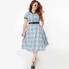 Unique Vintage 1950s Light Blue Plaid Alexis Swing Dress 2x 18/20 retro cotton