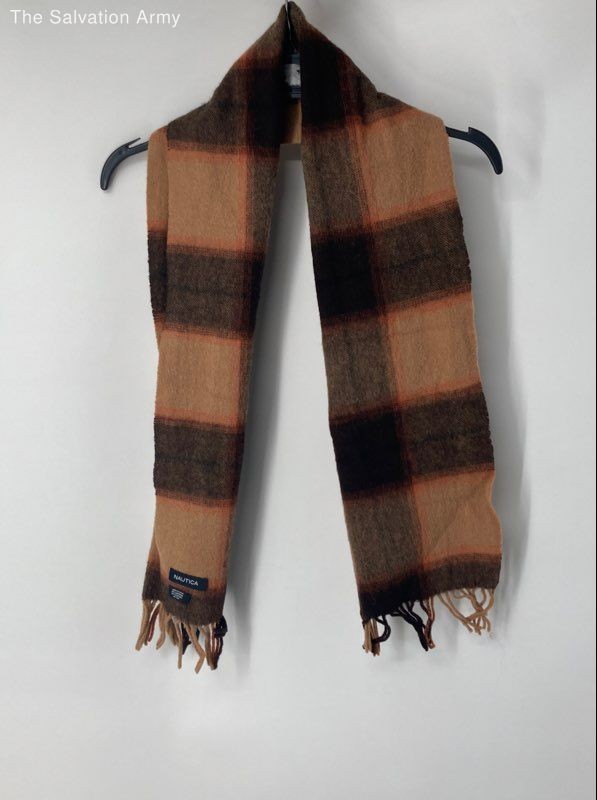 Nautica Womens Tan Black Plaid Lambswool Fringed Rectangle Scarf One Size