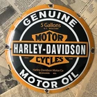 VINTAGE HARLEY DAVIDSON GENUINE MOTOR OIL 12 INCH CONVEX PORCELAIN ENAMEL SIGN