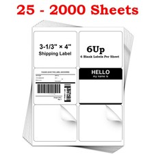3 1/3" x 4" Shipping Labels 6 Per Sheet Blank Mailing Address Self Adhesive 6 UP