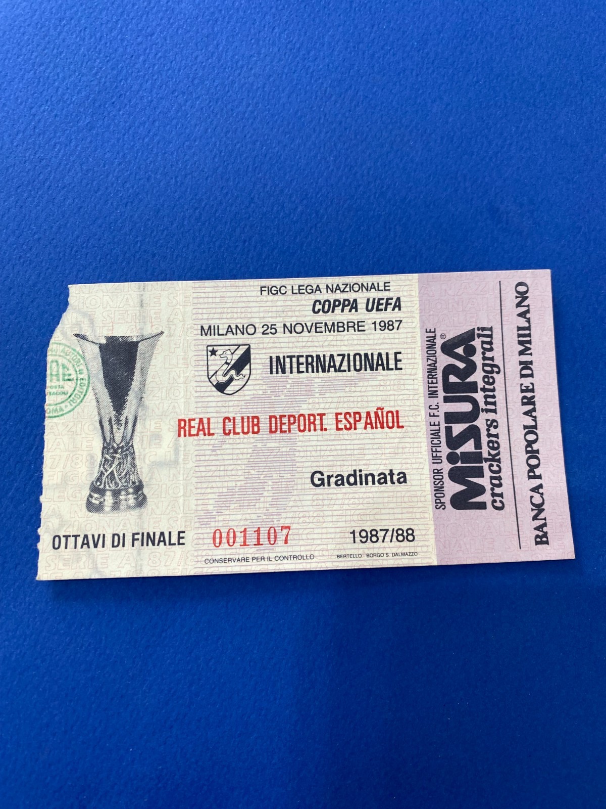Biglietto Stadio Coppa uefa Internazionale vs Real Club Deport. Espanol 1987-88.