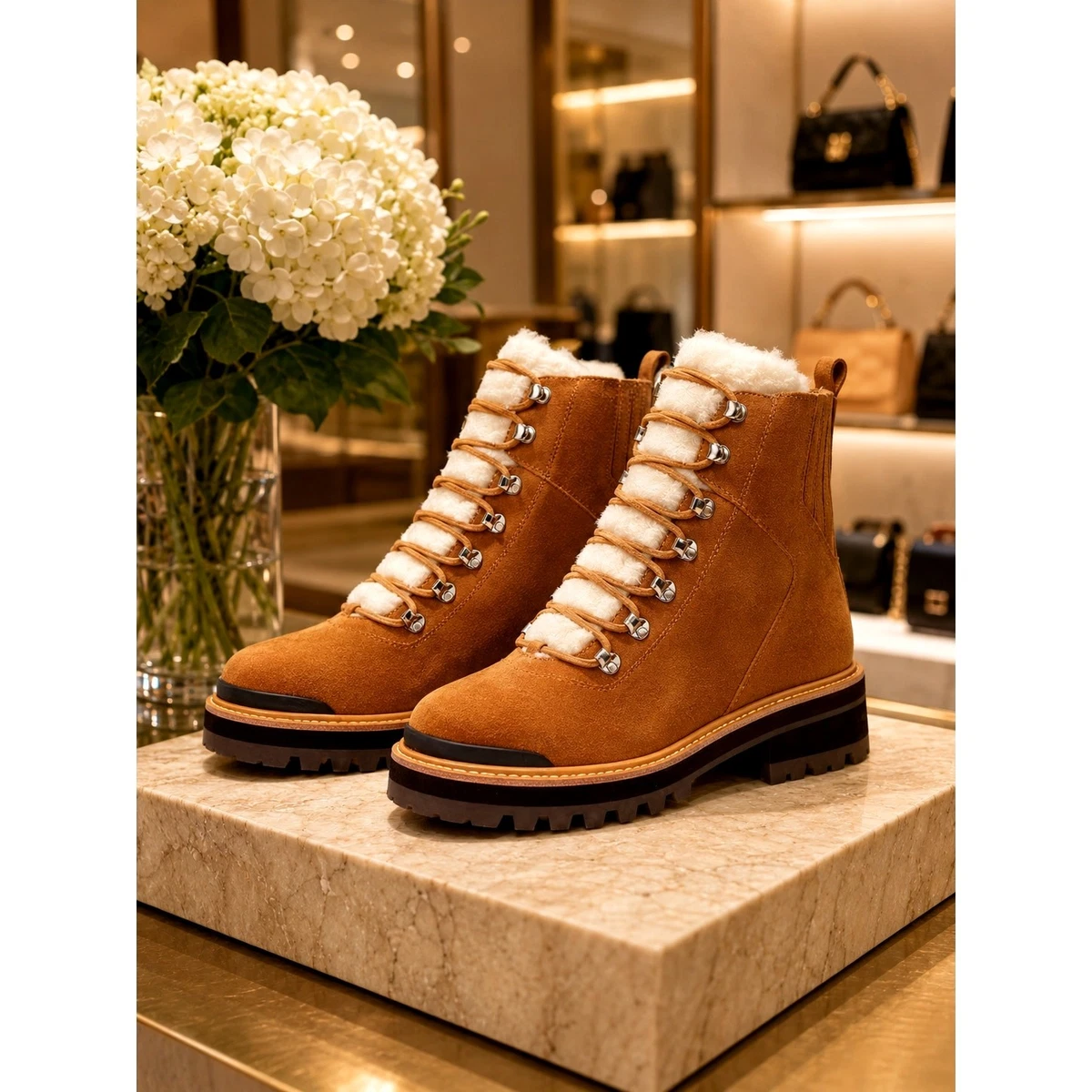 Marc Fisher LTD Izzie Suede Hiker Boots Tan Shearling Trim Lug Sole Mens 8.5M Marc Fisher Round Toe Suede Boots for Women for sale | eBay main image 3