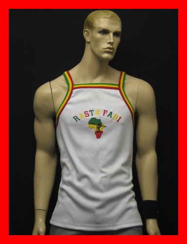 Men's Rasta Rastafari Ribbed Sleeveless Sports Vest Tank Top Black White - Picture 2 of 5