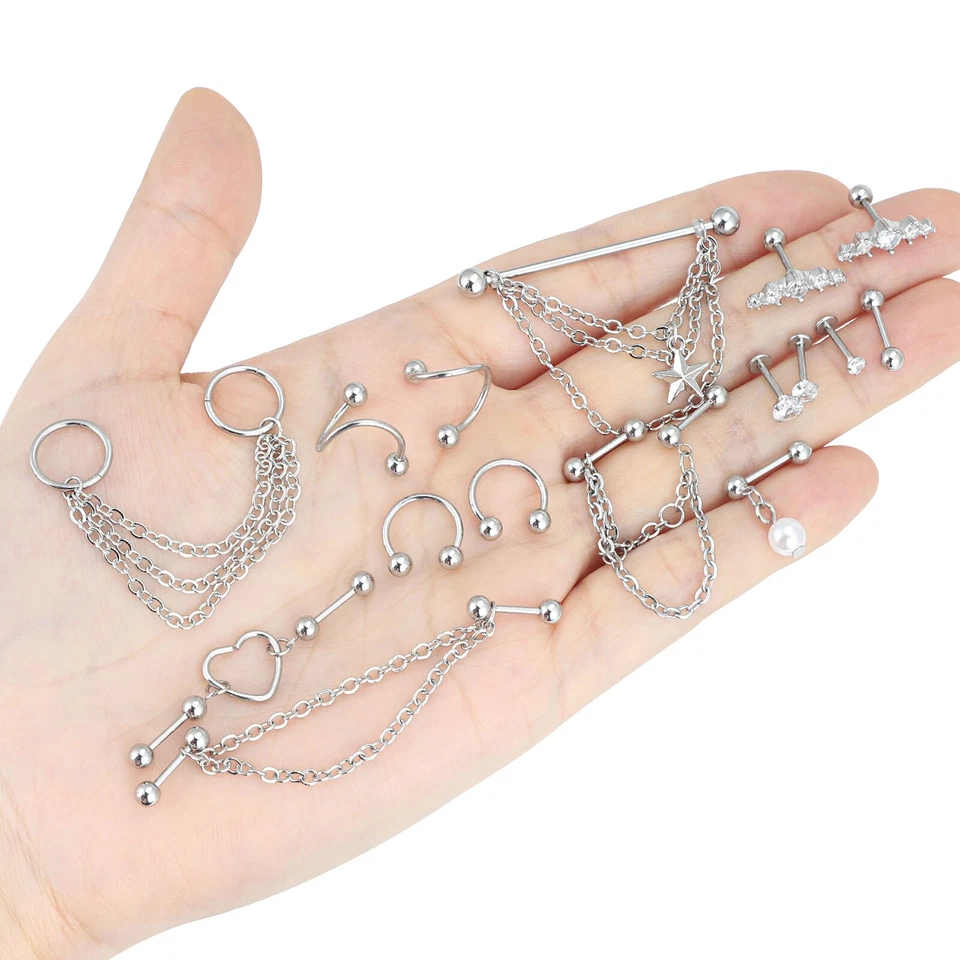 Juego de labios pendientes tragus cartílago acero quirúrgico barra industrial 16 piezas 16G Foto 4 de 4