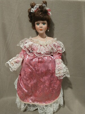 Collections Co Vintage Porcelain Girl Doll Green Eyes Pink White Dress  19