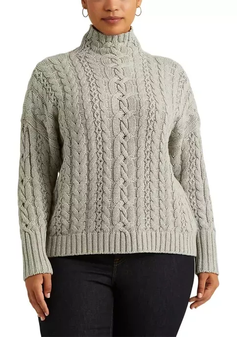 Lauren Ralph Lauren L87404 Womens Grey Cable-Knit Turtleneck Sweater Size 2X