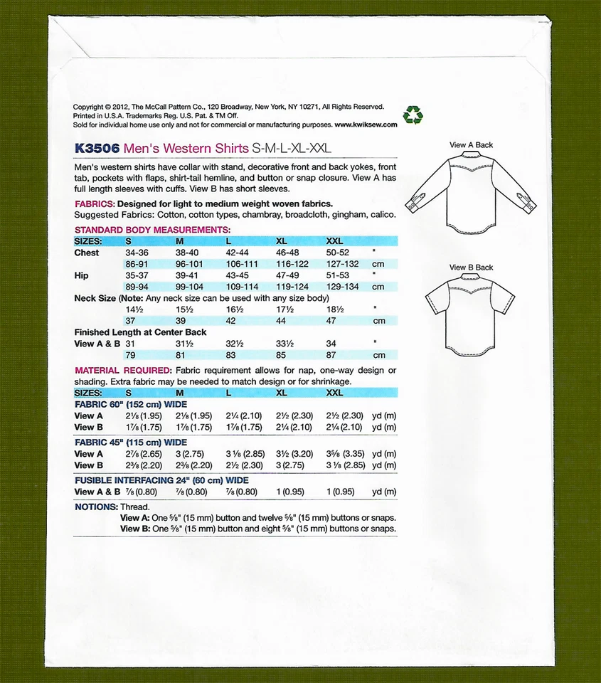 Men's Western Shirts Sewing Pattern~Long or Short Sleeves (S-XXL) Kwik Sew 3506 - Image 3 of 4