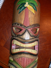 Vintage Hawaiian Style Tiki Totem Wooden Mask Hand Carved 12"x 6"in Some Wear