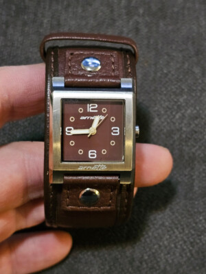 Arnette Watch Unisex 27mm Silver Tone Square 50M Leather Cuff Band. | eBay