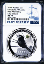 30° Ann. 2020 Kookaburra 1 oz moneta d'argento zampa di canguro Privy NGC MS70 ANDA BL LB