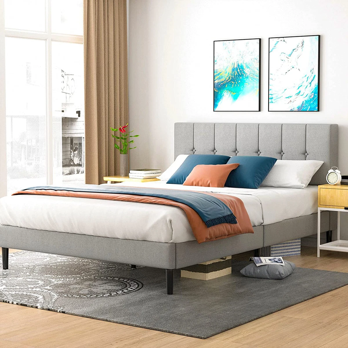 Queen Size Fabric Upholstered Platform Bed Frame with Button