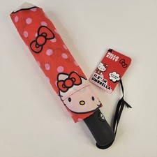 Sanrio Hello Kitty Umbrella Red White Pink Polka Dots Black Handle Strap 11.5"