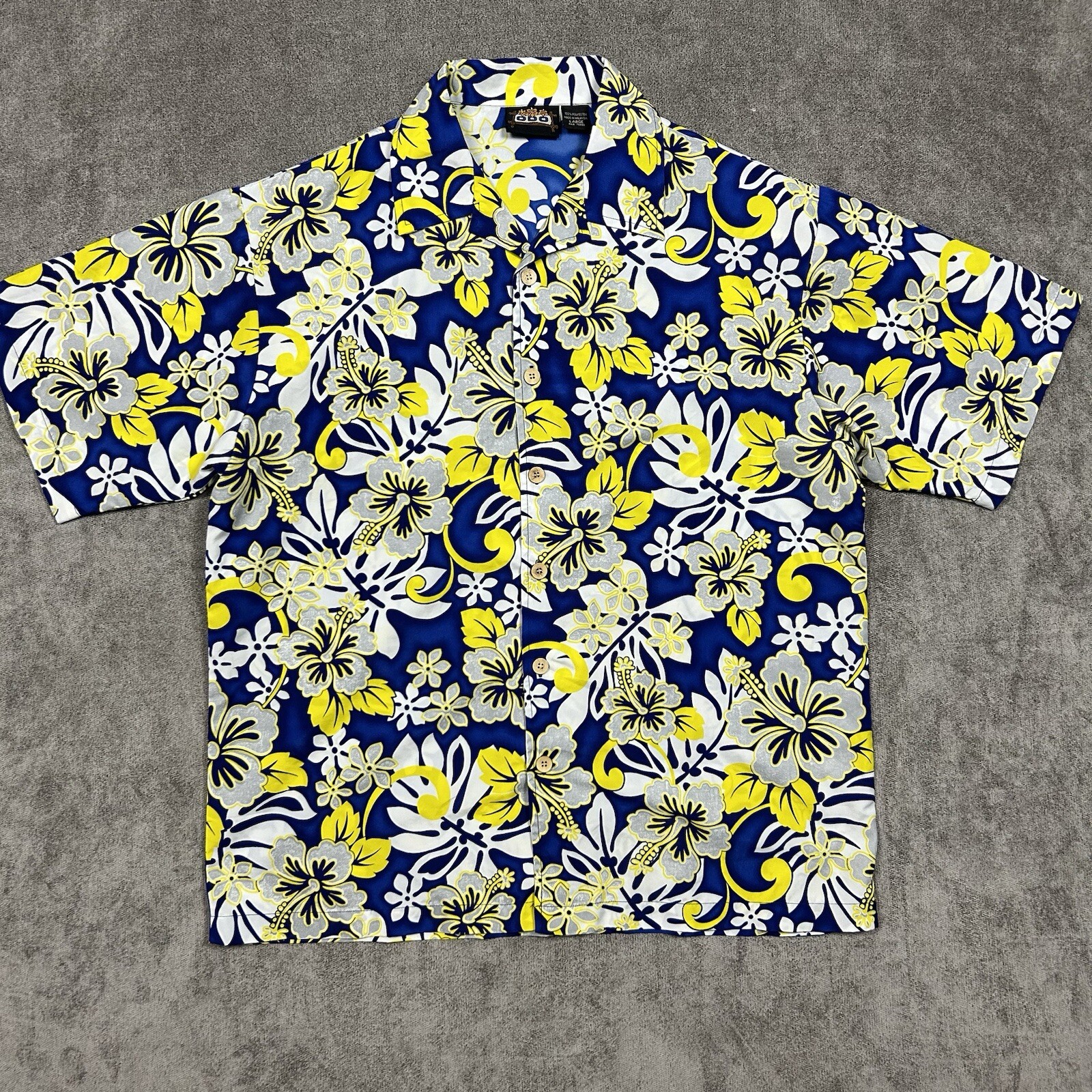 ODO Shirt Mens Large Hawaiian Blue Yellow Floral Button Up Camp Short Sleeve