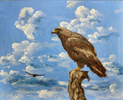 #ad Oil Painting Golden Eagle Birds of Prey Hawks Sky Landscape Animal Art A. Joli $135.00