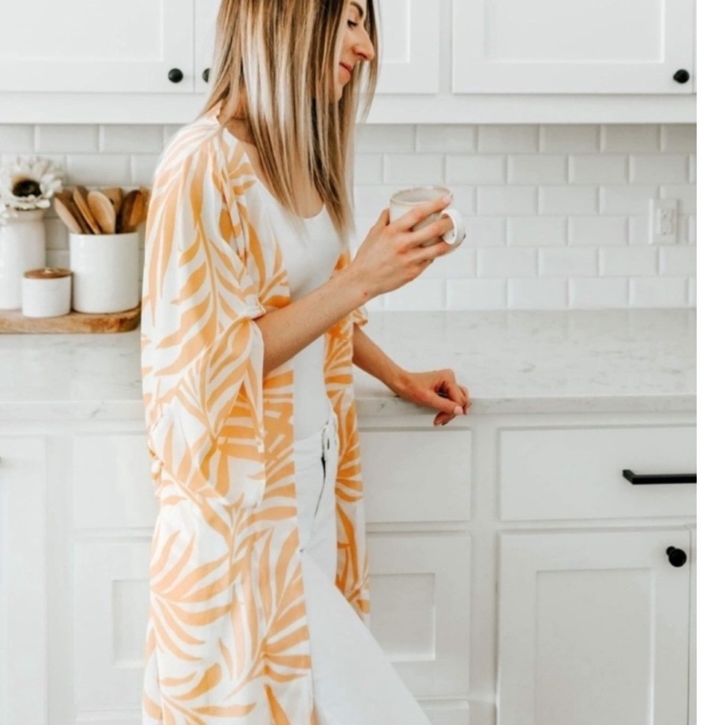 Maison Du Soir Yellow & White Palm Print Robe Kim… - image 2