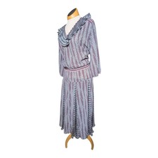 Vtg 1970s Diane Freis Blue Red Ruffled Collar Floral Boho Midi Crepe Dress Sz L