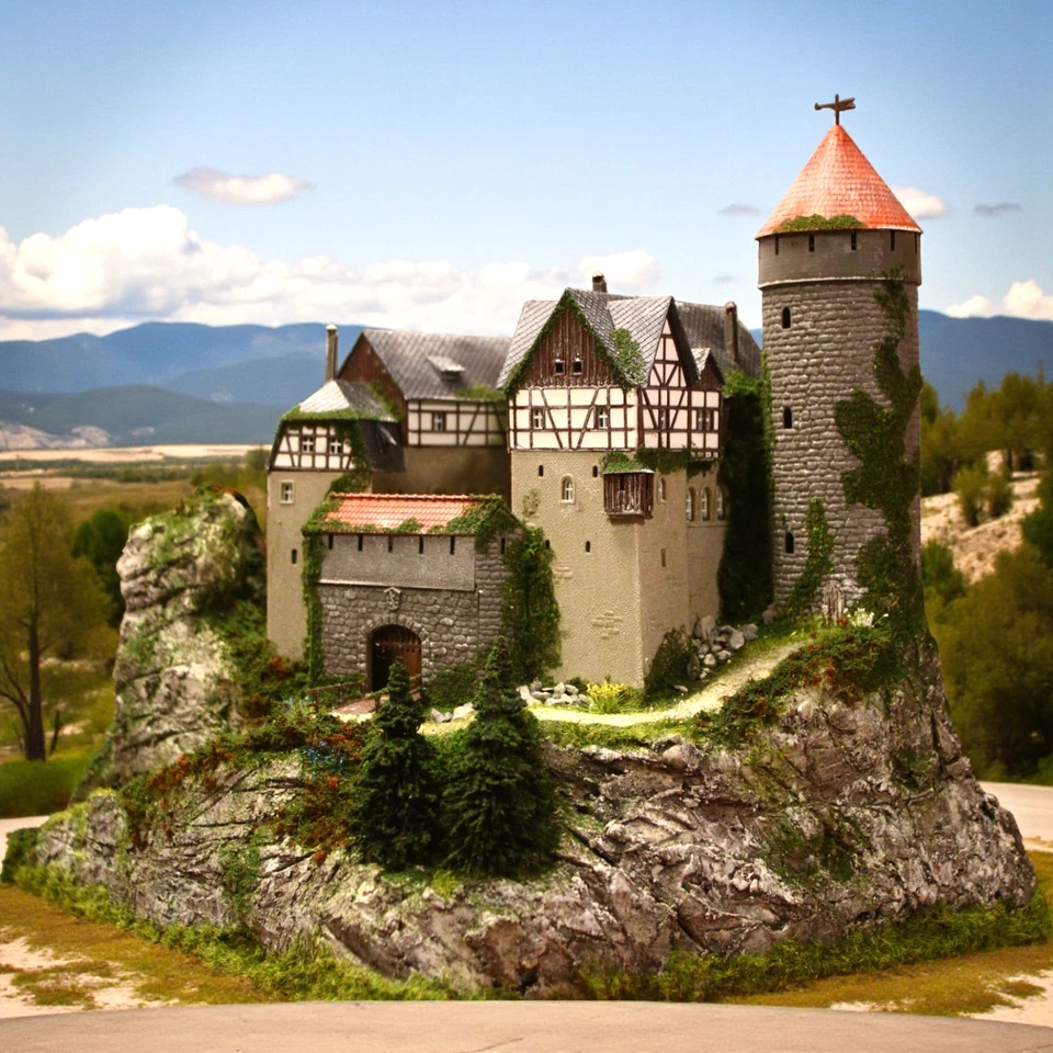 Diorama H0/TT 1:100 Burg Lauterstein+Licht Berg Granit Felsen begrünt#patiniert