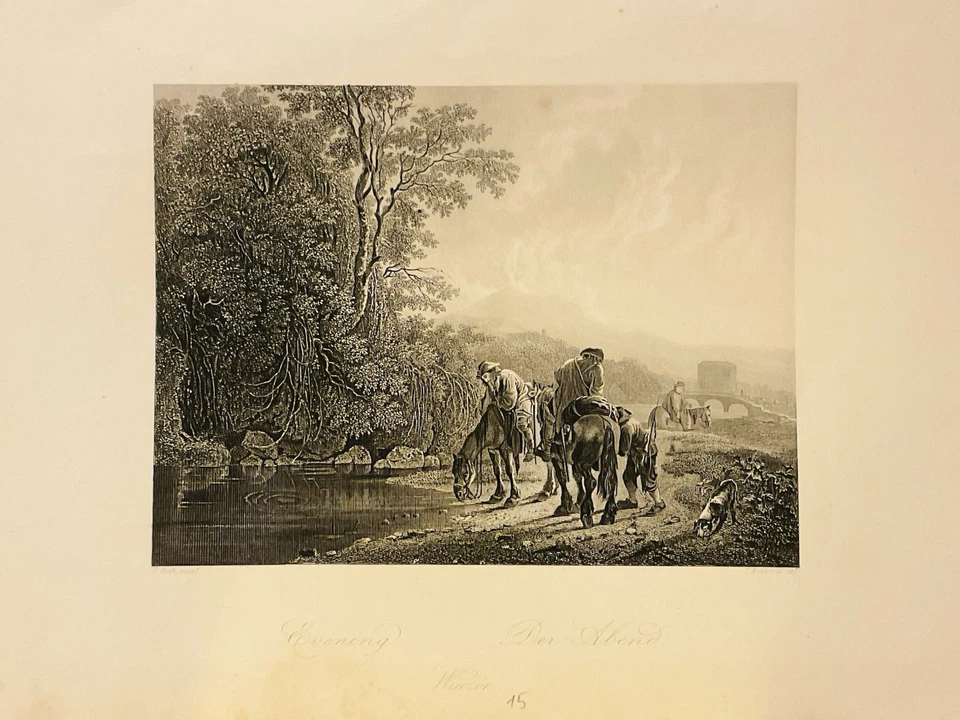 Der Abend Landschaft Pferde 1835 Lithographie Natur Grafik Kunst Illustriert - Bild 1 von 1