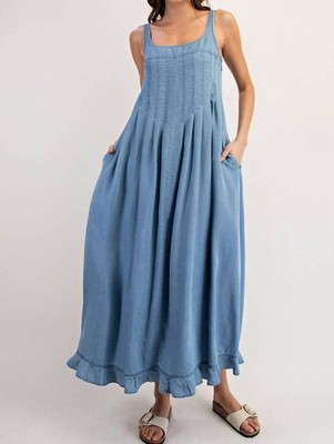 Ee:some Denim Ruffle Hem Sleeveless Maxi Dress Blue