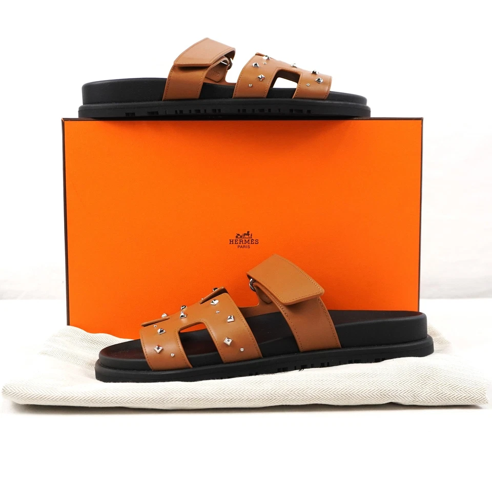Hermes Chypre Studded Calfskin Leather Sandals In Natural - Hermes Size 38.5